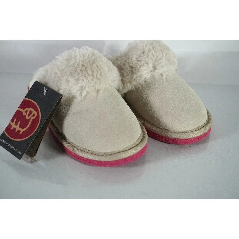 Girls LAMO Cozy Slippers Light Grey with Pink Soles Size Small 12C Warm Faux Fur
